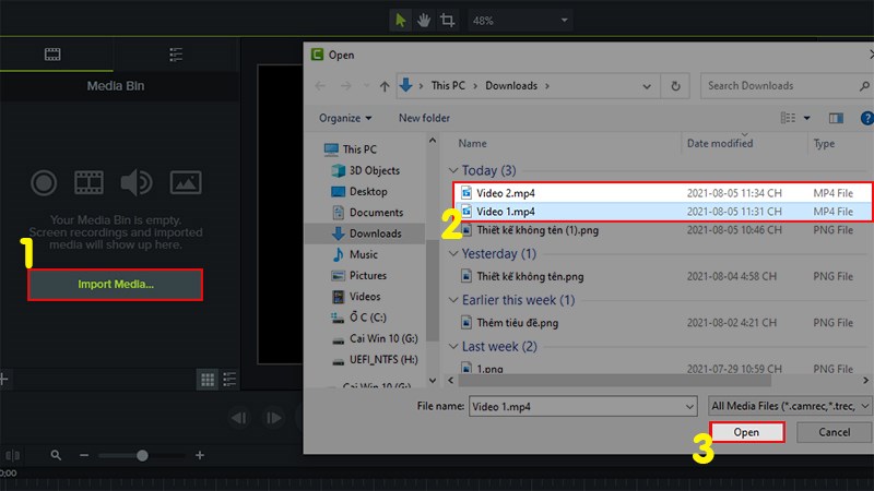 Mở 2 video cần gh&eacute;p bằng Camtasia