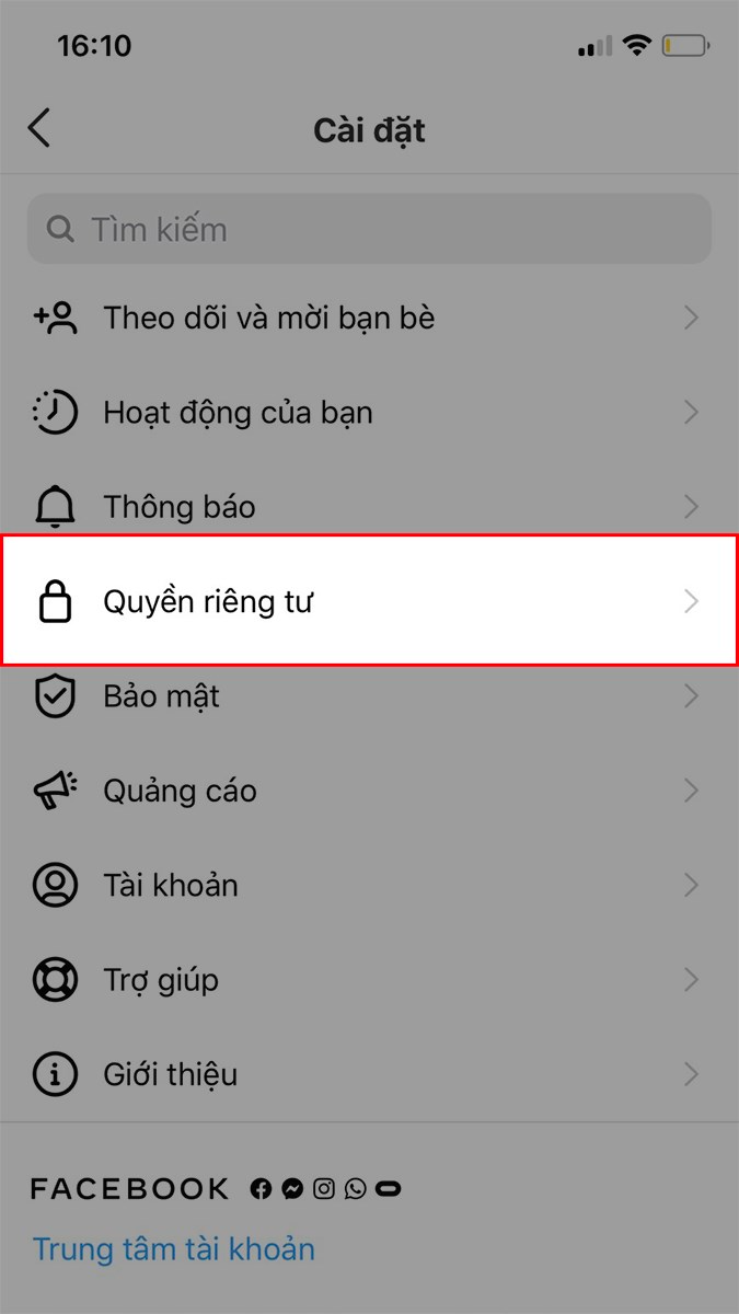 Chọn Quyền riêng tư