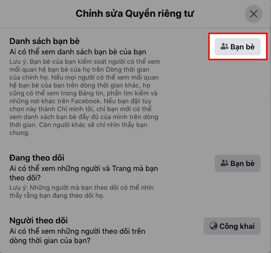 họn đối tượng tại mục Ai có thể xem danh sách bạn bè của bạn