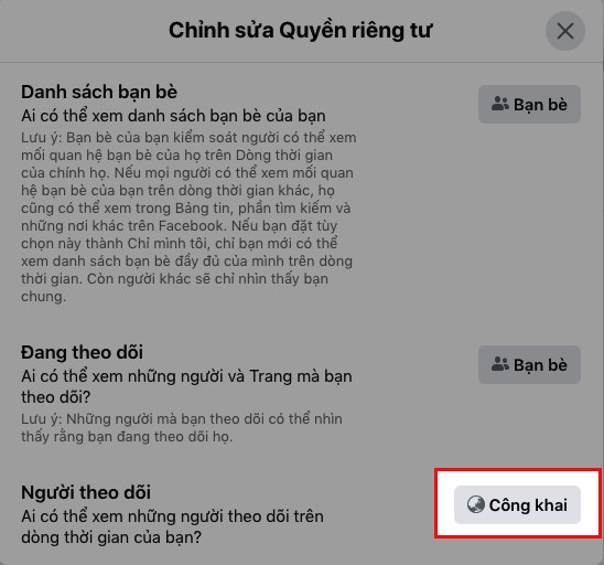 họn đối tượng tại mục Ai có thể xem người theo dõi trên dòng thời gian của bạn