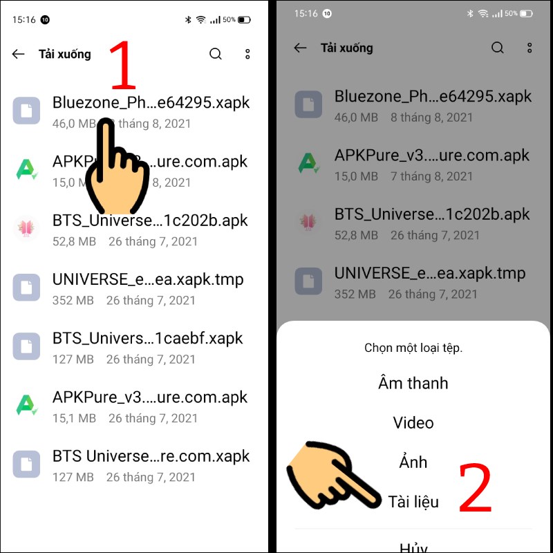 Nhấn v&agrave;o file Bluezone-Ph...e64295.xapk v&agrave; chọn mục T&agrave;i liệu