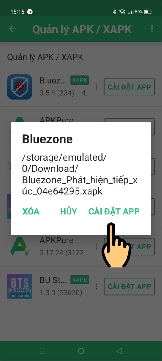 Nhấn n&uacute;t C&agrave;i đặt App