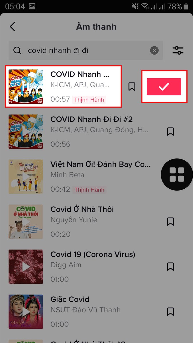 Chọn b&agrave;i h&aacute;t bạn muốn gh&eacute;p v&agrave;o video > Nhấn v&agrave;o biểu tượng dấu t&iacute;ch