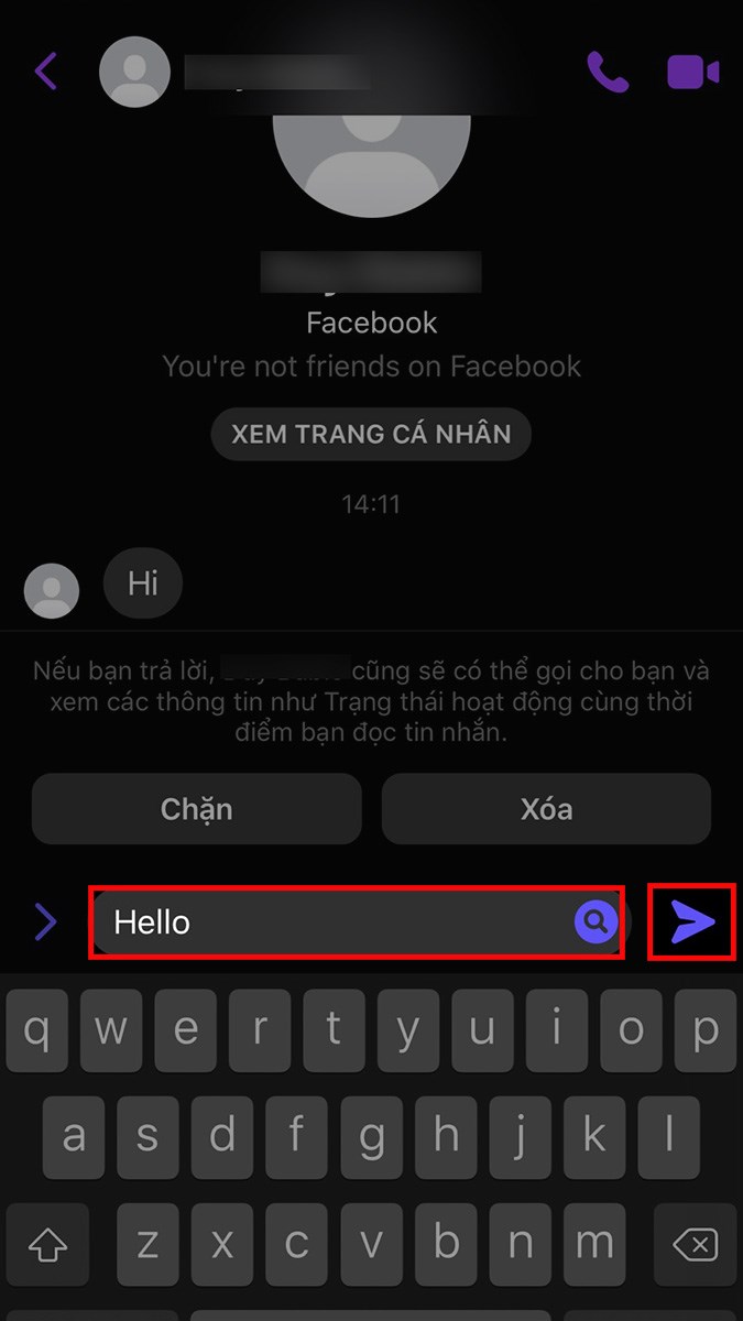 Nhập nội dung vào khung chat > Chọn biểu tượng tam giác để trả lời tin nhắn