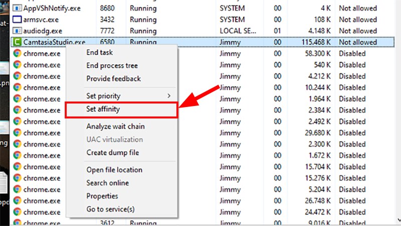 Click chuột phải v&agrave;o CamtasiaStudio.exe > Chọn Set affinity