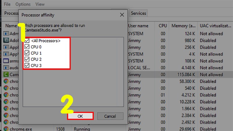 T&iacute;ch chọn to&agrave;n bộ CPU hiện ra trong hộp thoại > Nhấn OK