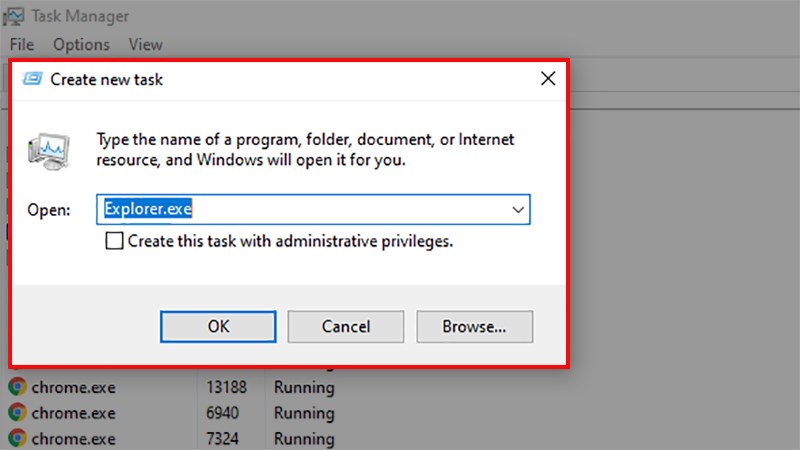 Nhập lệnh Explorer.exe > Chọn OK