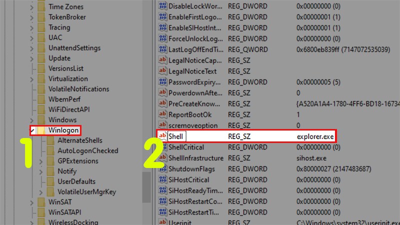 Click 2 lần v&agrave;o mục Shell > Thay đổi gi&aacute; trị trong mục n&agrave;y th&agrave;nh explorer.exe