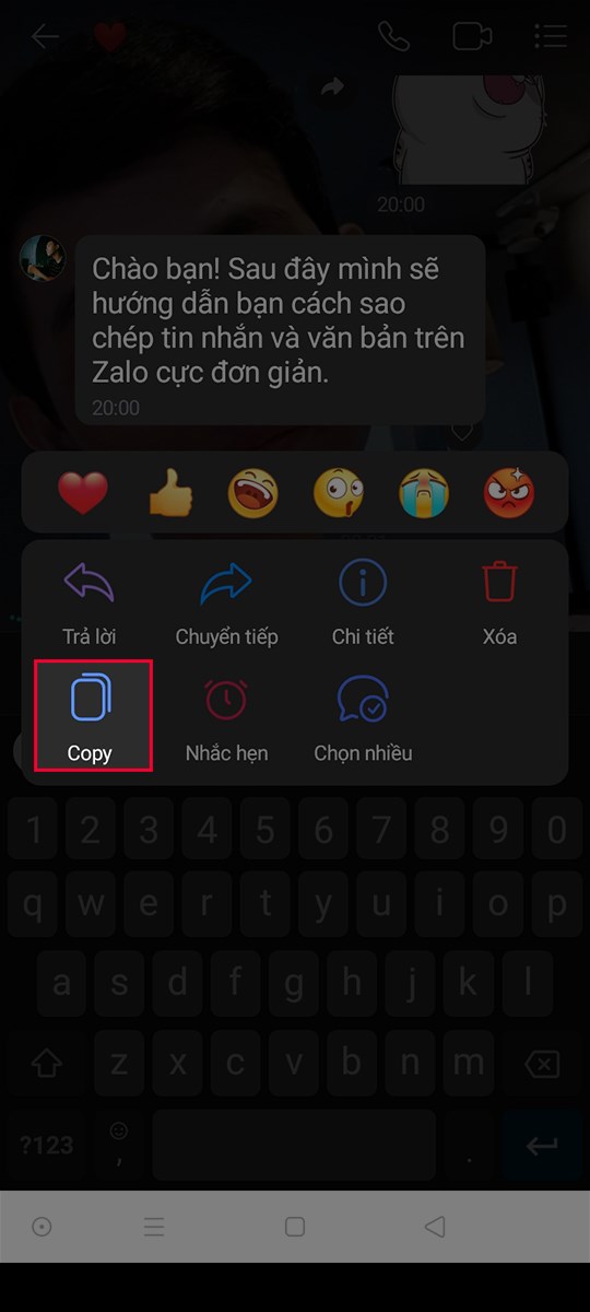 Sau 2s, chọn vào Copy để sao chép tin nhắn 