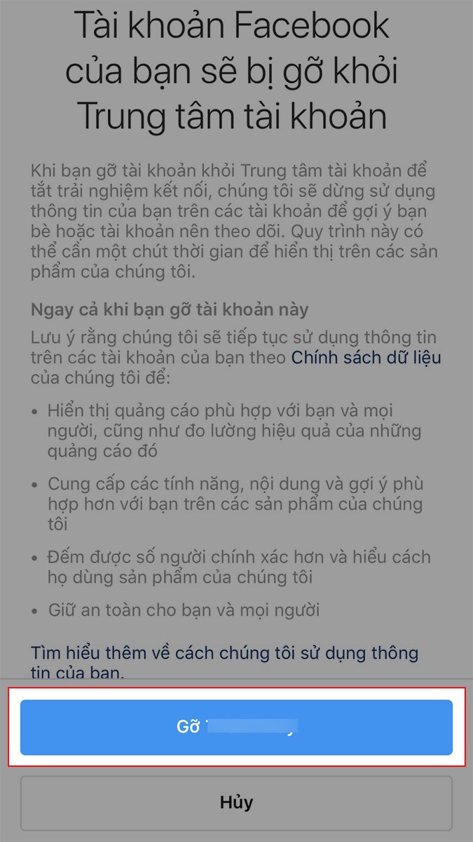 Chọn Gỡ để xác nhận hủy liên kết