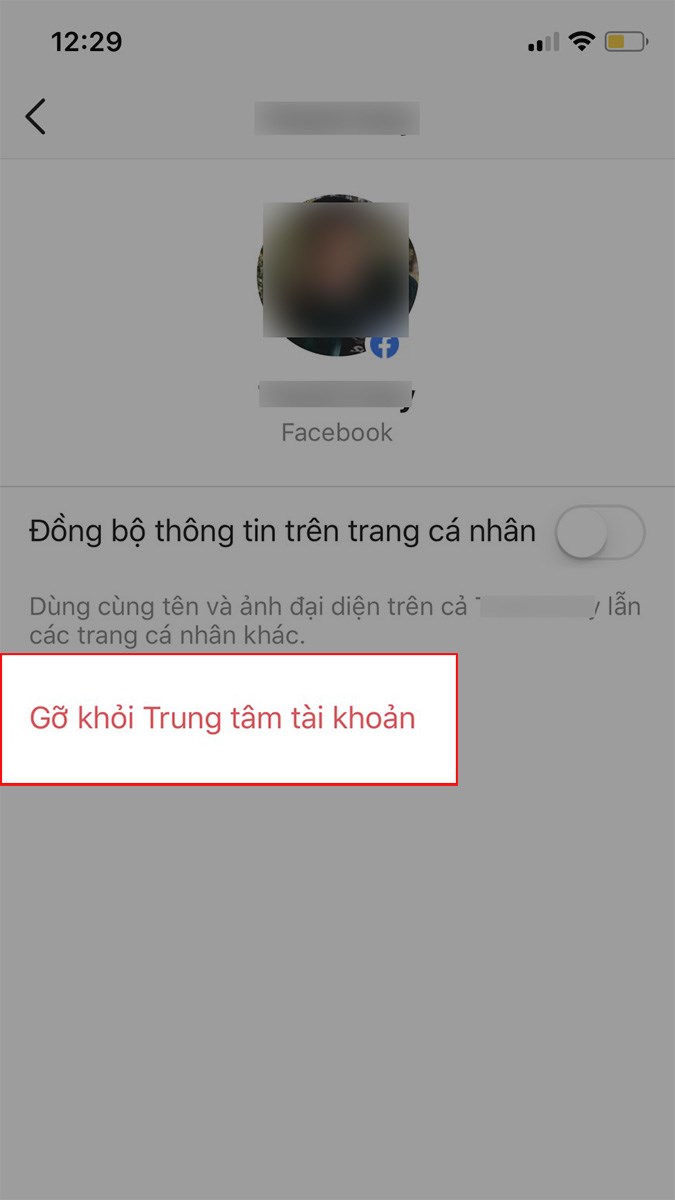 Chọn Gỡ khỏi Trung tâm tài khoản