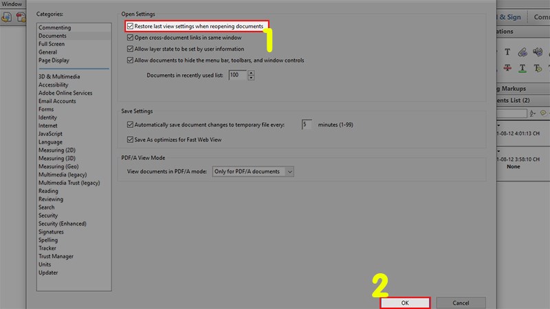 T&iacute;ch chọn Restore last view settings when reopening documents > Nhấn OK