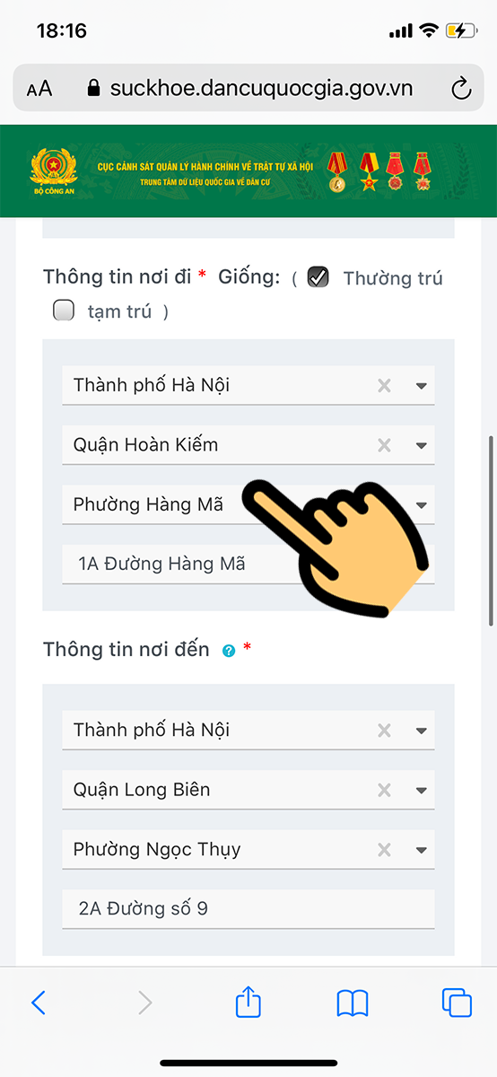 Điền thông tin nơi đi và nơi đến