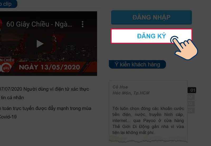 Vào trang web Payoo và chọn Đăng ký.