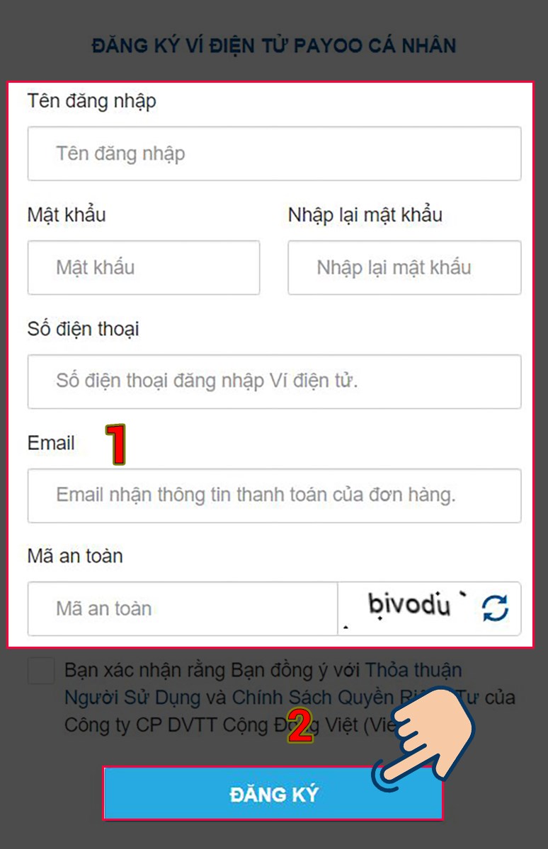 Điền đầy đủ các thông tin cần thiết và nhấn Đăng ký.