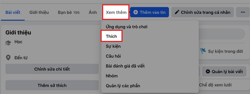 Chọn Xem thêm > Kéo xuống chon Thích