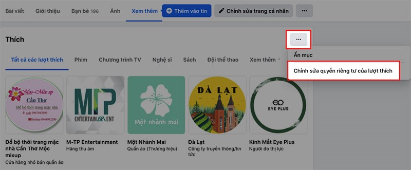 Nhấn vào biểu tượng 3 dấu chấm > Chọn Chỉnh sửa quyền riêng tư của lượt thích