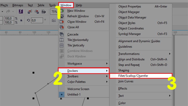 Chọn tab Windows > Dockers > Fillet/Scallop/Chamfer