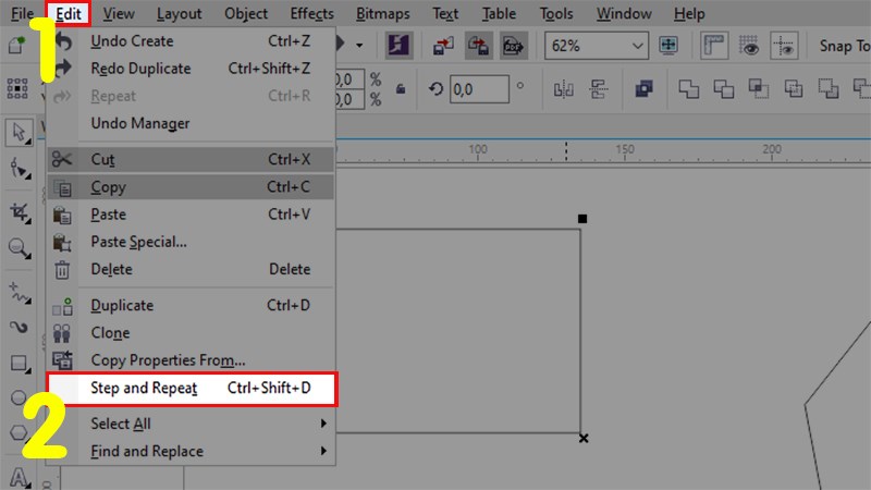 Chọn tab Edit > Nhấn chọn Step and Repeat