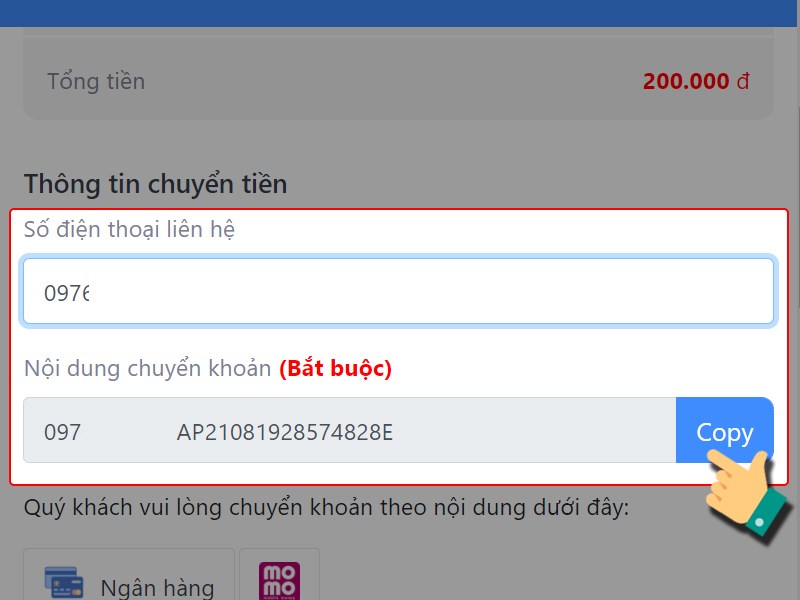 Copy nội dung chuyển khoản