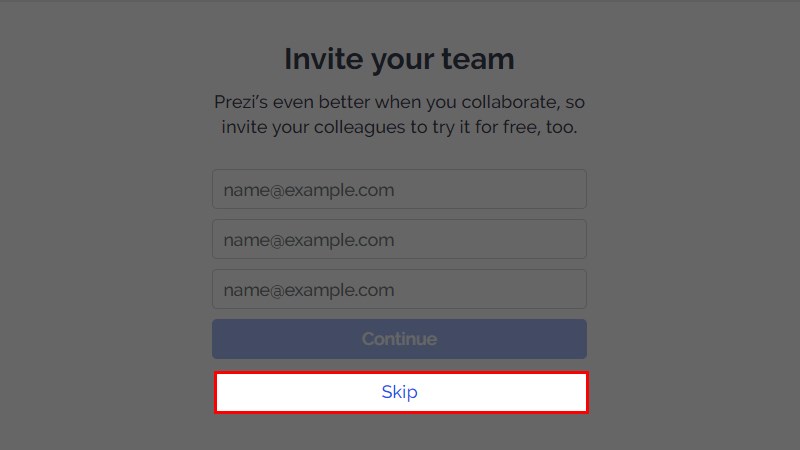 Nhấn Skip để bỏ qua bước tạo team