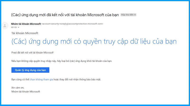 Email th&ocirc;ng b&aacute;o đ&atilde; kết nối t&agrave;i khoản Microsoft th&agrave;nh c&ocirc;ng