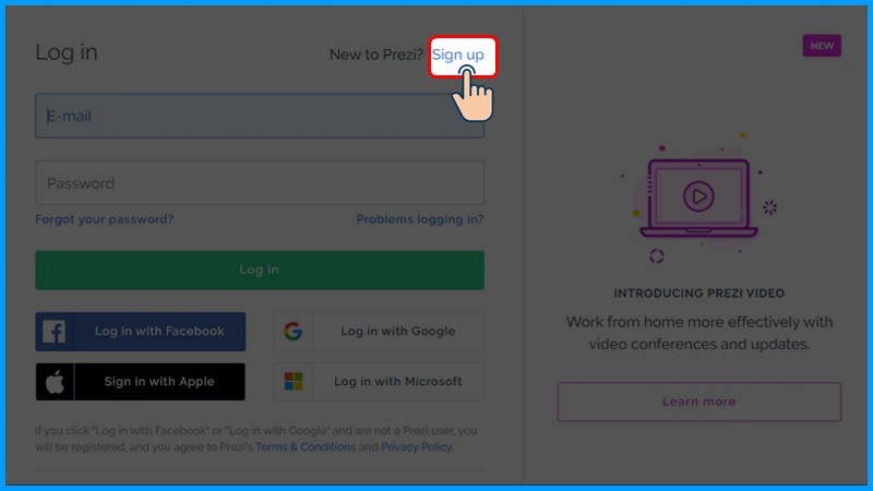 Trong giao diện Log In, chọn Sign up