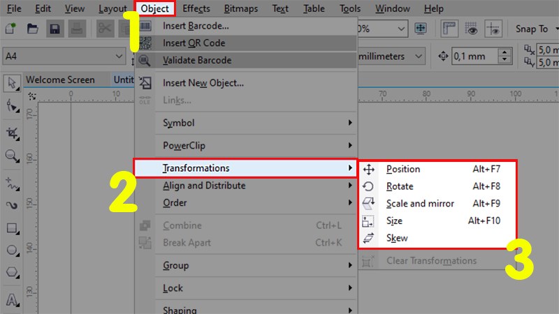 Chọn tab Object > Transformations > Chọn lệnh xoay