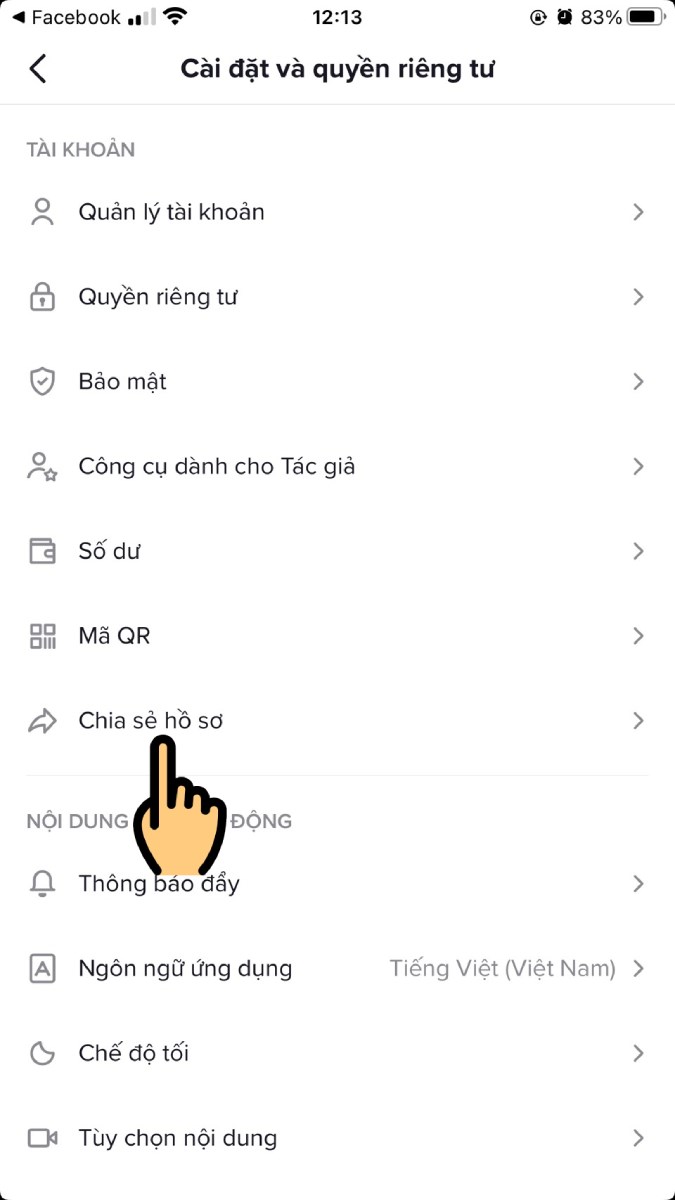 Chọn mục Chia sẻ hồ sơ