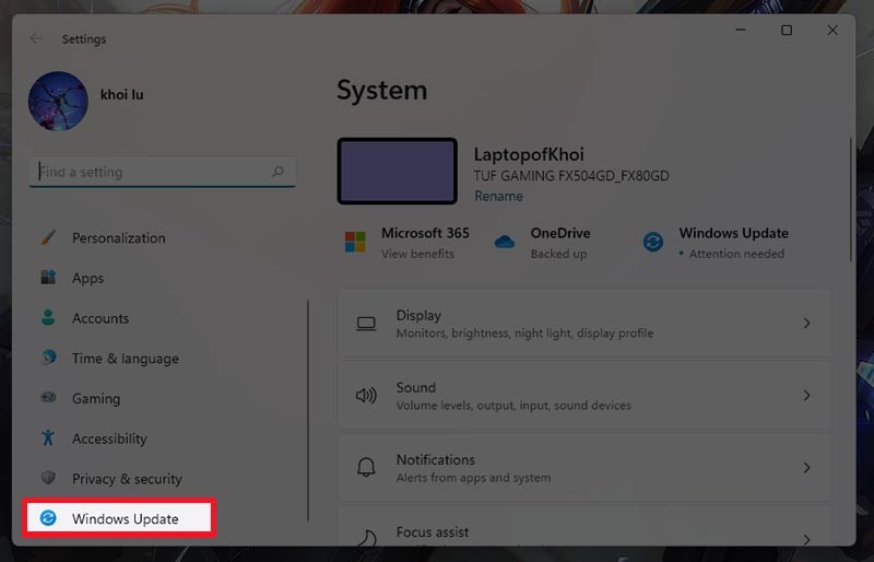 chọn Windows Update chọn Windows Update