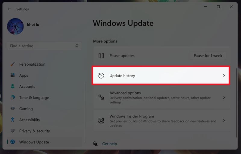 chọn View update history chọn View update history