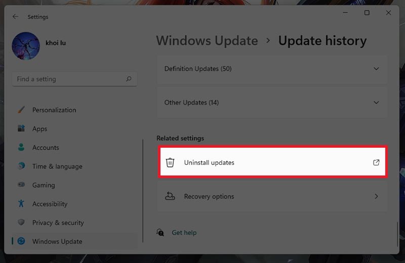 Chọn Uninstall updates Chọn Uninstall updates