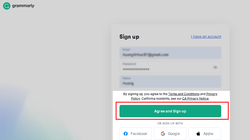 Đăng nhập trang Grammarly bằng cách tạo tài khoản hoặc thông qua Gmail, Facebook