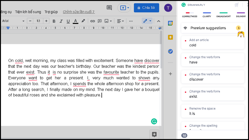 Grammarly tự động hiển thị lỗi sai và gợi ý cách sửa lỗi trên Google Docs.