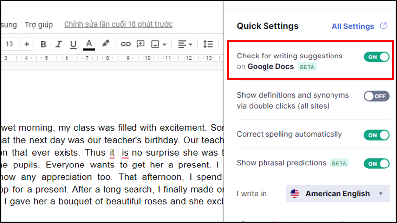 Cách bật công cụ Grammarly trên Google Docs.