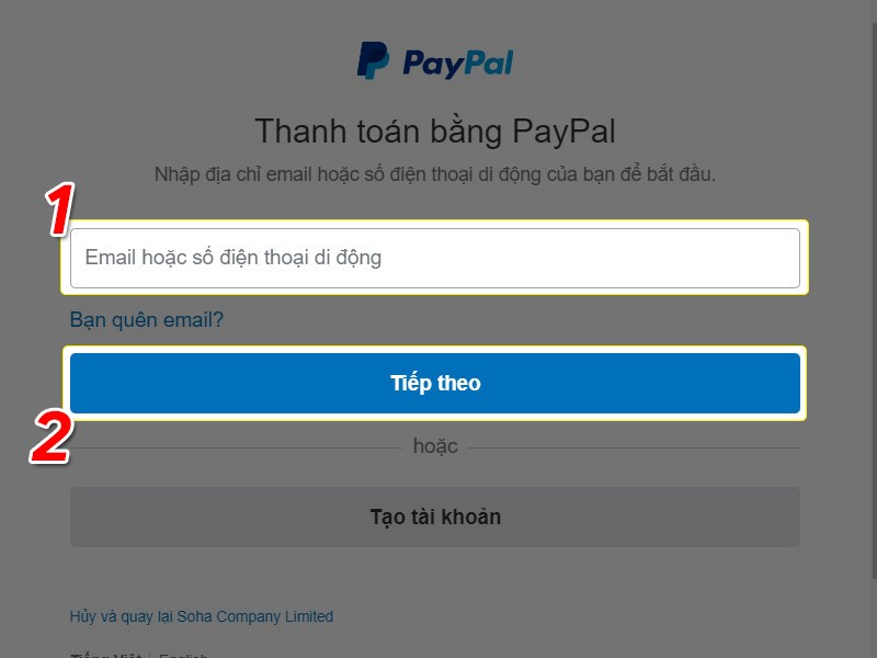 Điền thông tin tài khoản PayPal để nạp