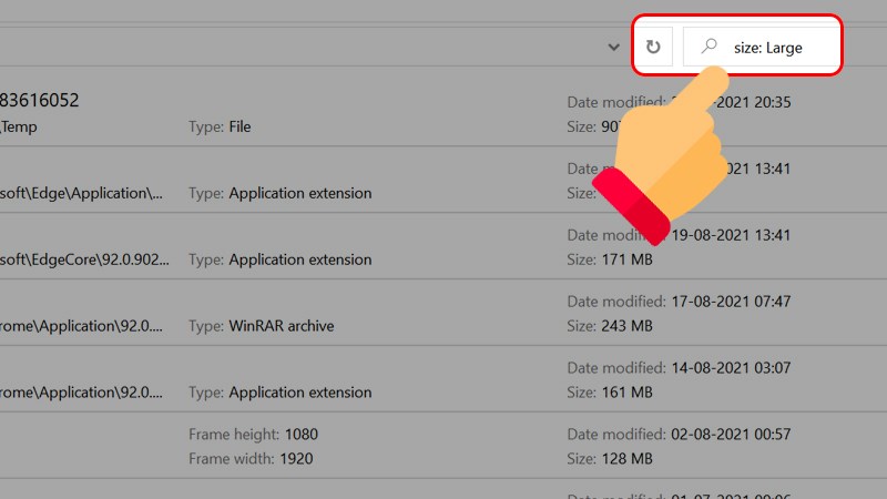 Tại khung Search, nhập lệnh size: Large > Chọn Enter