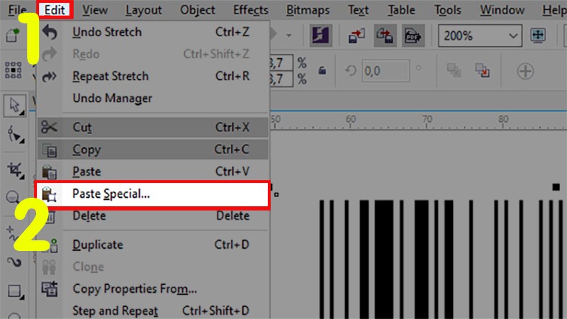 Click chuột phải v&agrave;o m&atilde; vạch vừa được tạo > Chọn copy > Chọn tab Edit > Chọn Paste Special