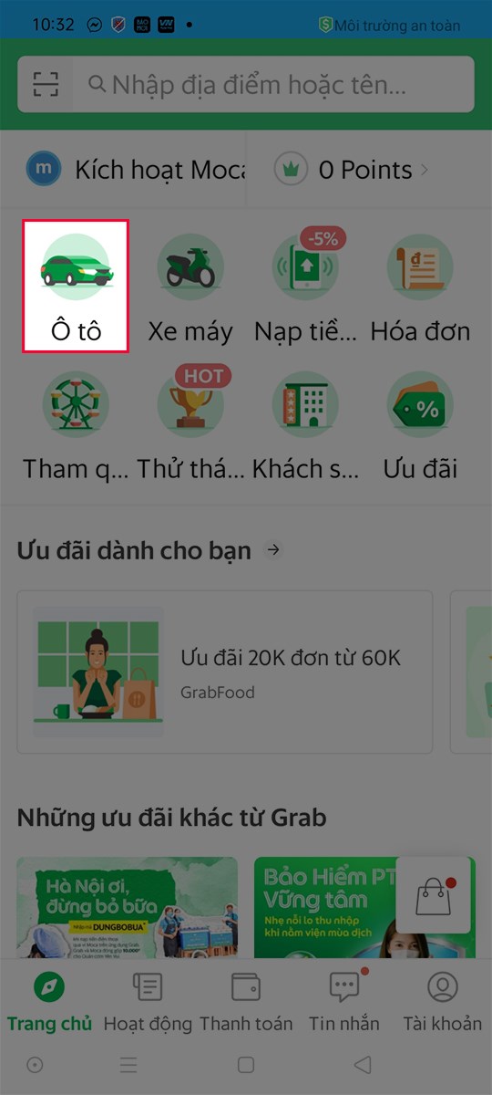Chọn mục &Ocirc; t&ocirc; ở giao diện trang chủ