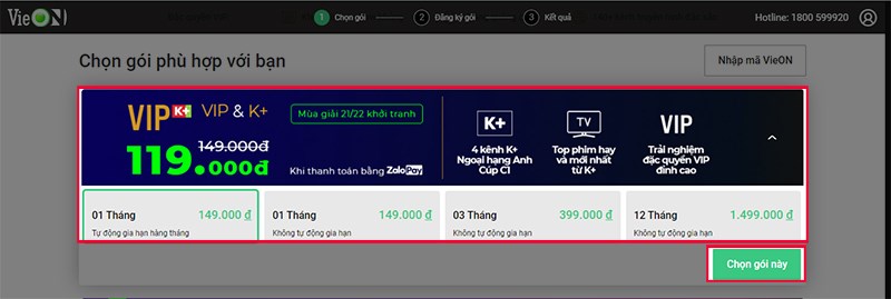 Lựa chọn gói cước và nhấn 