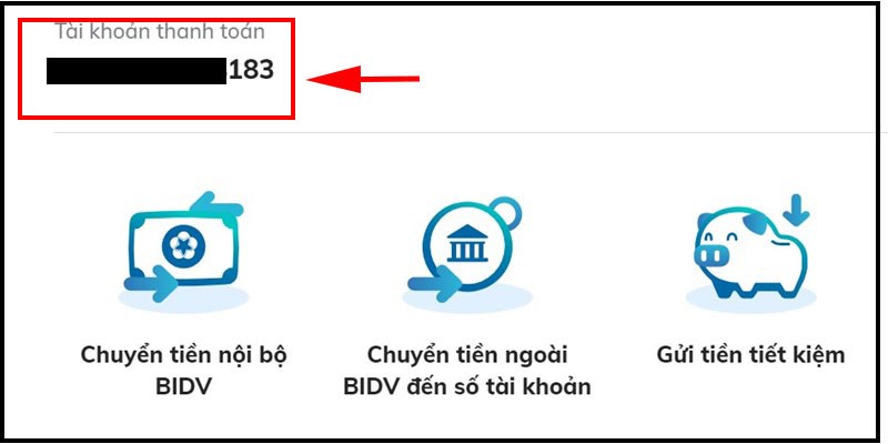 Số tài khoản BIDV nằm bên dưới mục Tài khoản thanh toán