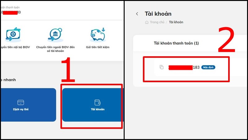 Chọn mục Tài khoản để kiểm tra số tài khoản BIDV