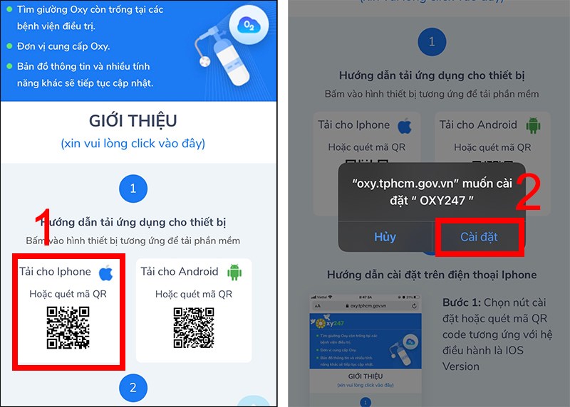 Nhấn Tải cho iPhone Hoặc qu&eacute;t m&atilde; QR. Sau đ&oacute; nhấn C&agrave;i đặt