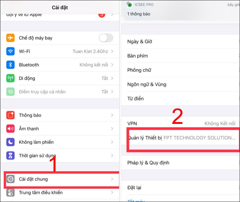 Chọn C&agrave;i đặt chung. Chọn Quản l&yacute; thiết bị