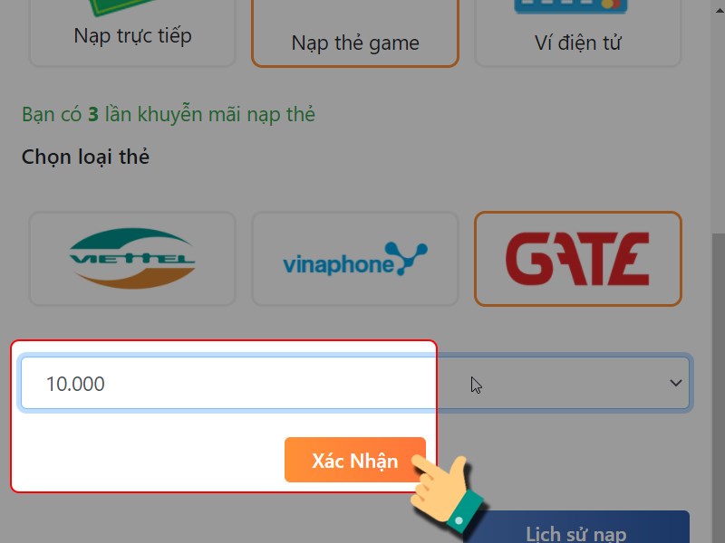Chọn giá trị thẻ nạp Chọn giá trị thẻ nạp