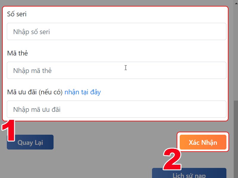 Nhập thông tin thẻ cào để thanh toán Nhập thông tin thẻ cào để thanh toán