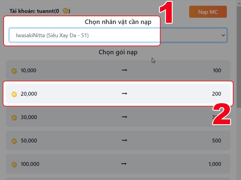 Chọn nhân vật và gói nạp Chọn nhân vật và gói nạp
