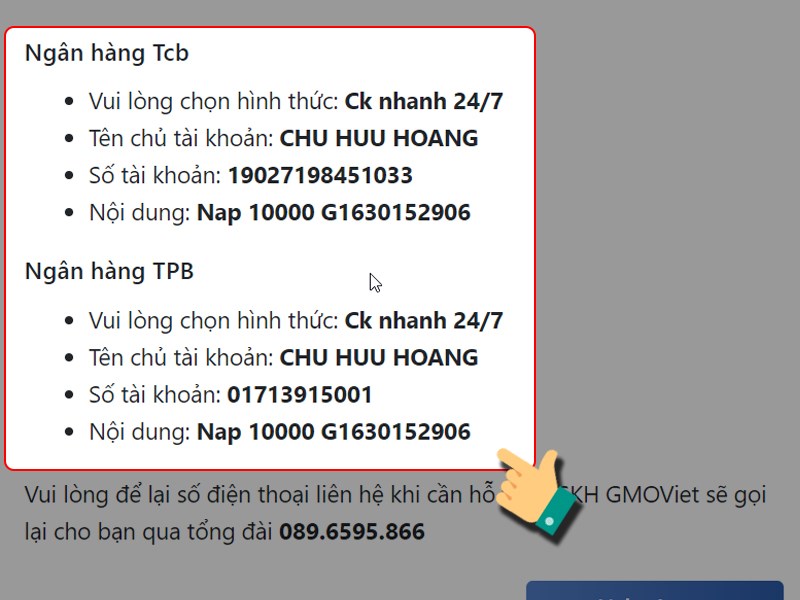 Chuyển khoản vào tài khoản GMOViet theo hướng dẫn Chuyển khoản vào tài khoản GMOViet theo hướng dẫn