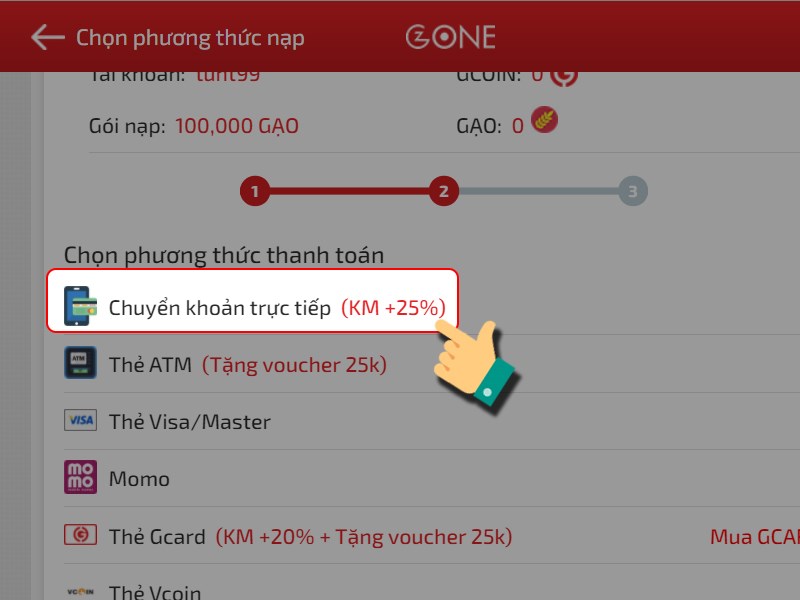 Chọn chuyển khoản trực tiếp