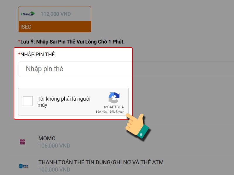 Nhập mã thẻ ISEC